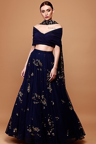 Navy Blue Net Embroidered Lehenga Set by Astha Narang