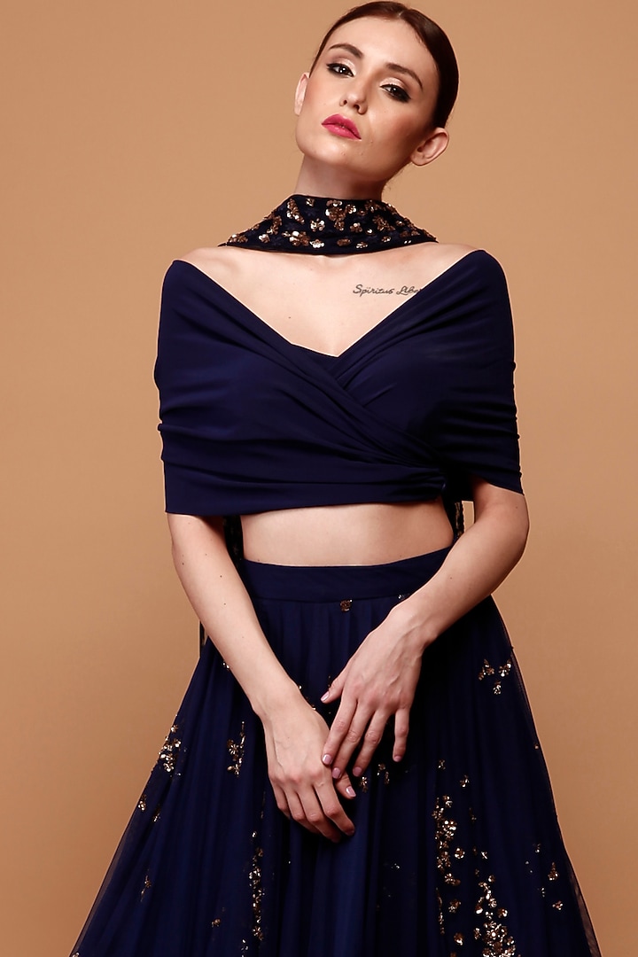 Navy Blue Net Embroidered Wedding Lehenga Set by Astha Narang at Pernia's Pop Up Shop