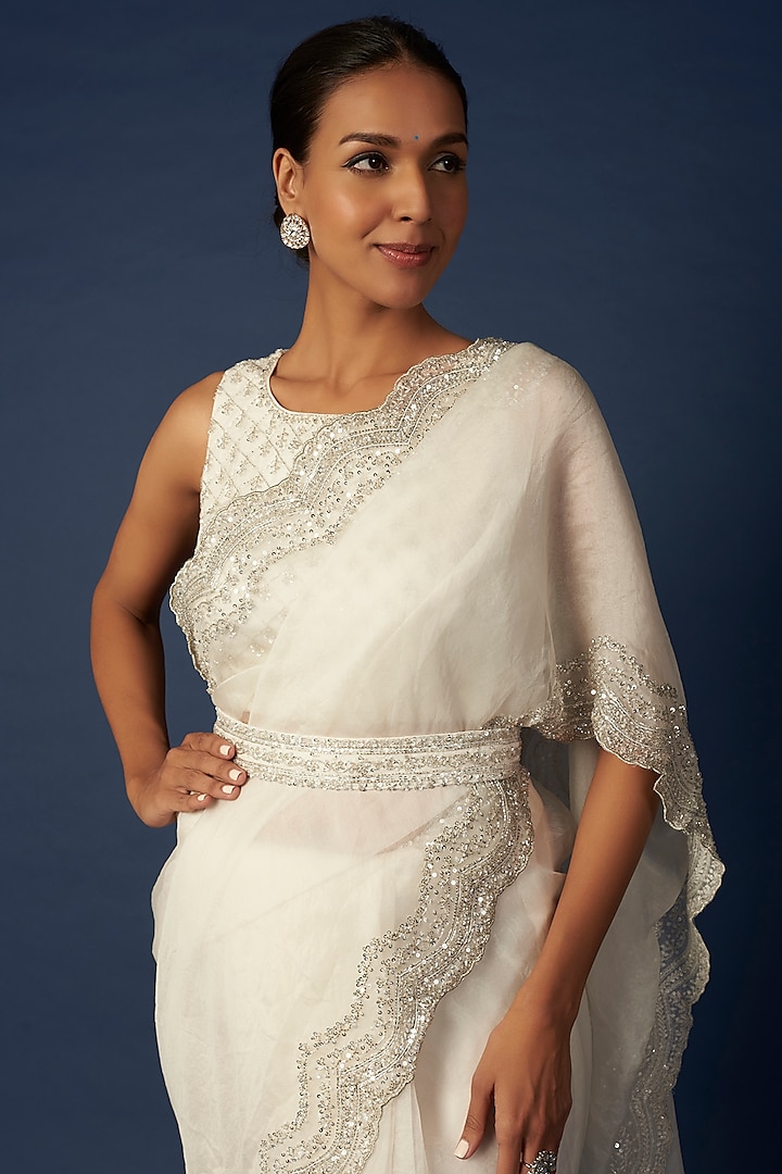 White Embroidered Wedding Saree Set by Astha Narang at Pernia's Pop Up Shop