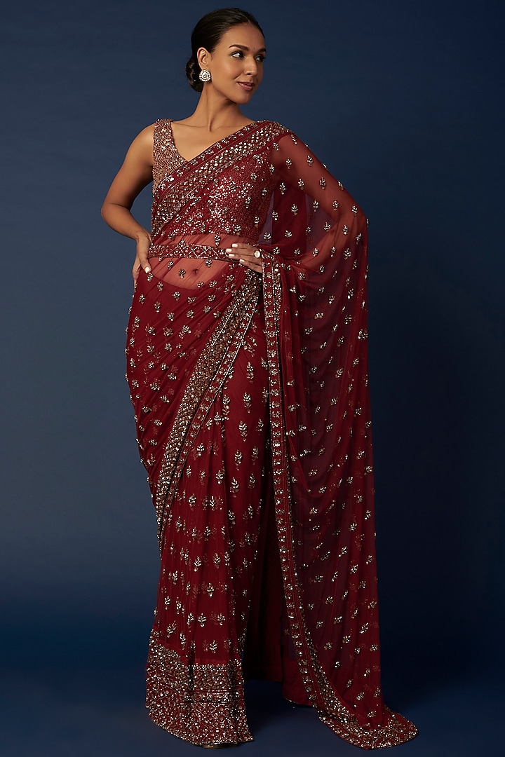 Maroon Embroidered Saree Set by Astha Narang