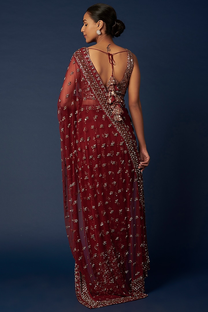Maroon Embroidered Reception Saree Set by Astha Narang at Pernia's Pop Up Shop