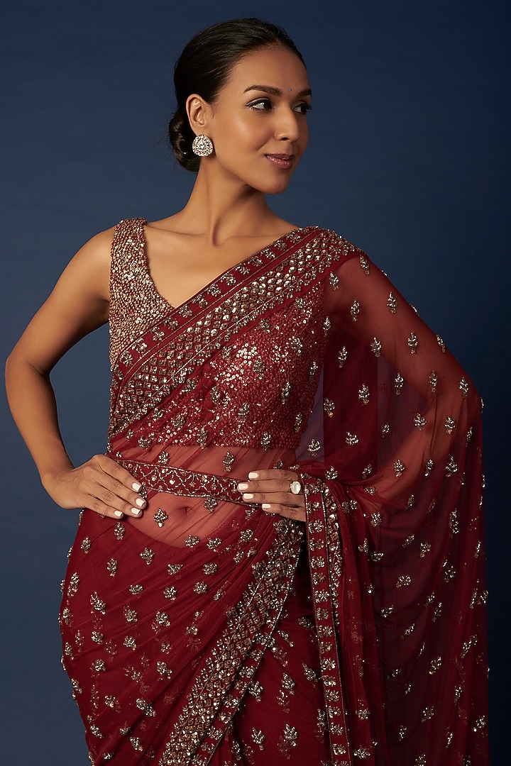 Maroon Embroidered Reception Saree Set by Astha Narang at Pernia's Pop Up Shop