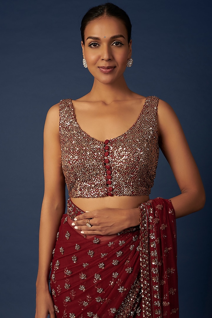 Maroon Embroidered Reception Saree Set by Astha Narang at Pernia's Pop Up Shop
