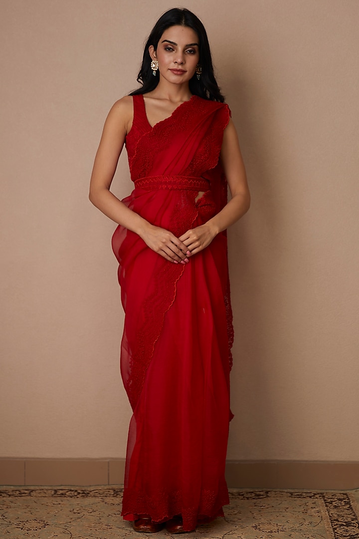 Blood Red Silk Organza Saree Set by Astha Narang
