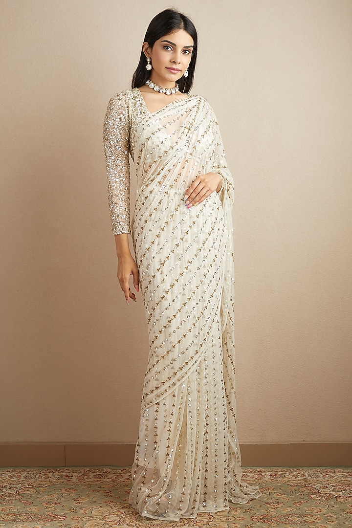 Off-White Net Saree Set by Astha Narang
