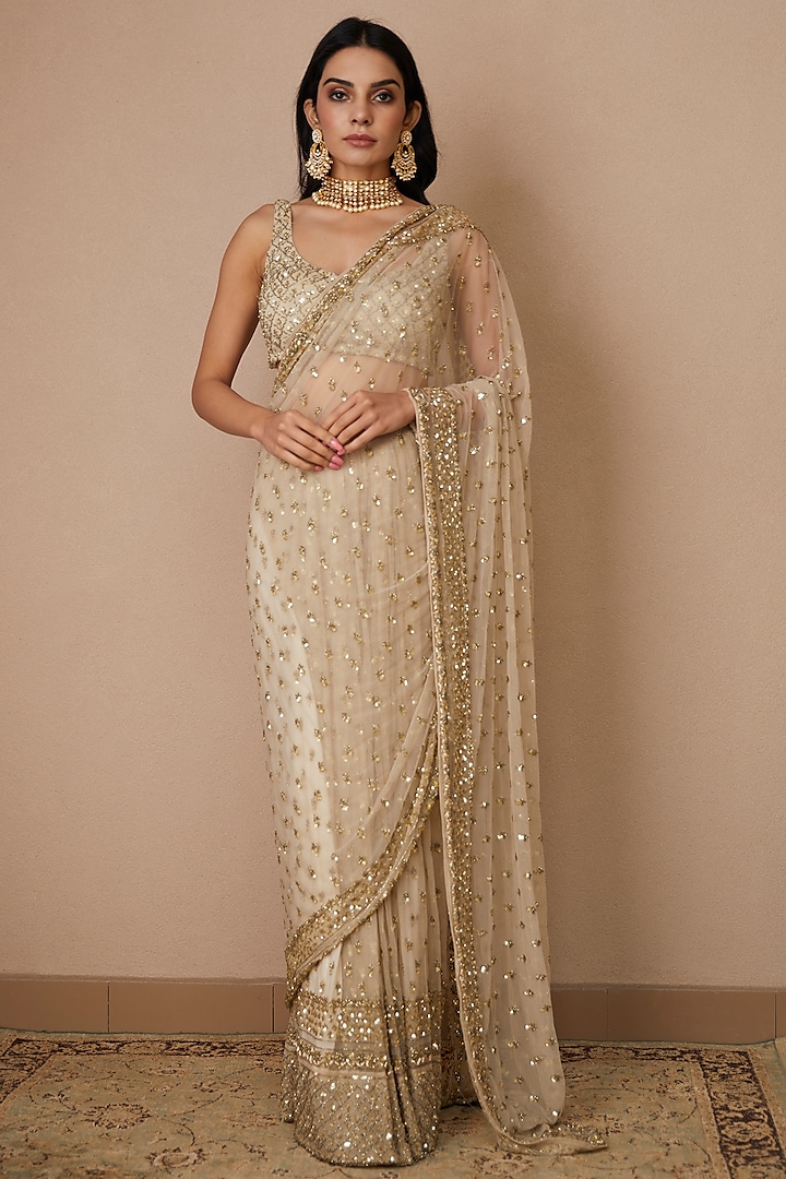 Off-White Net Saree Set by Astha Narang
