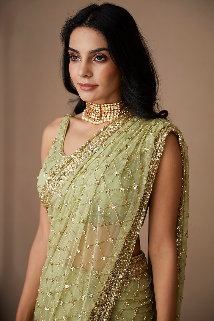 Mint Net Reception Saree Set by Astha Narang at Pernia's Pop Up Shop