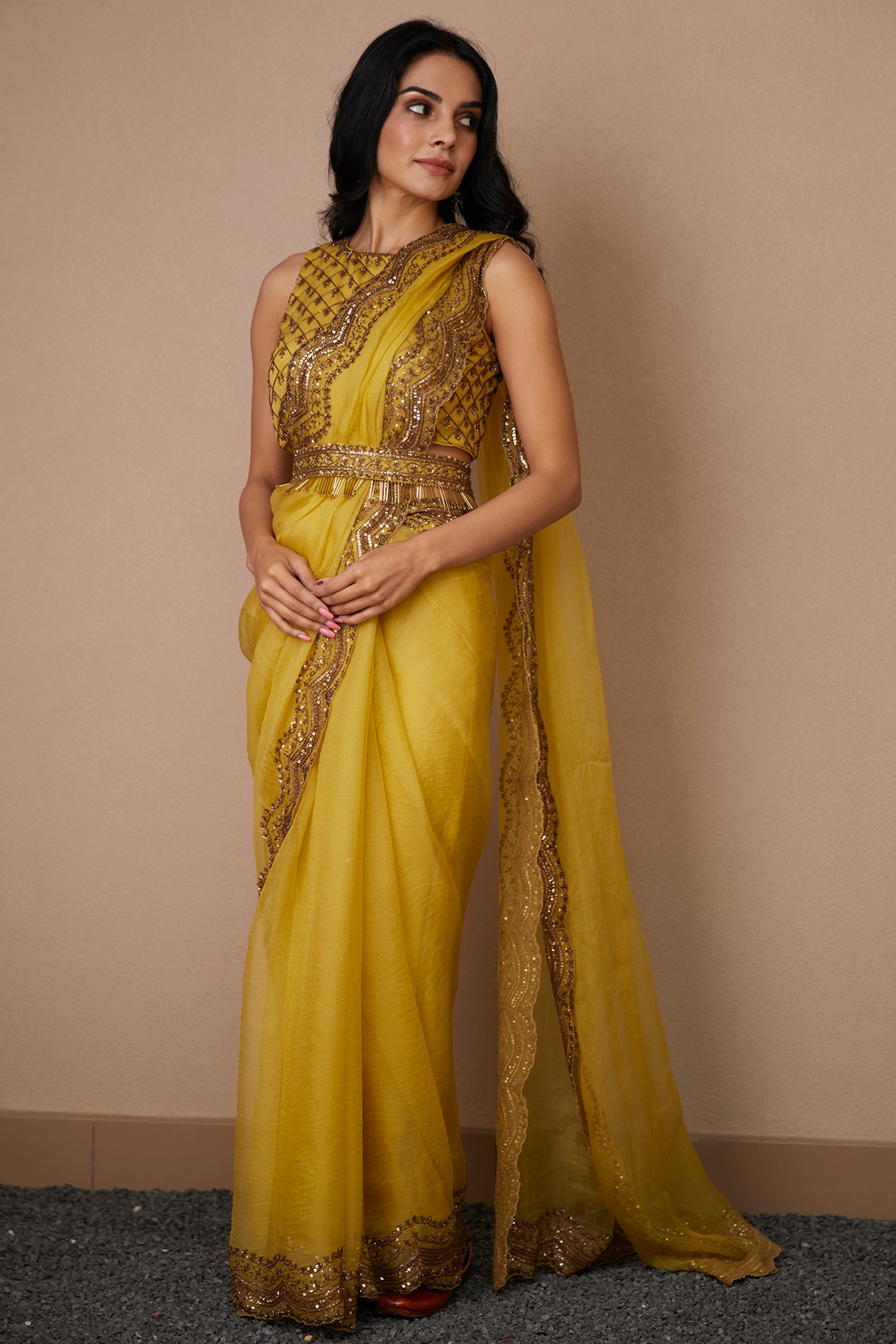 Buy online Pure Organza Designer saree with Gotapati Embroidery work Yellow -AF1948