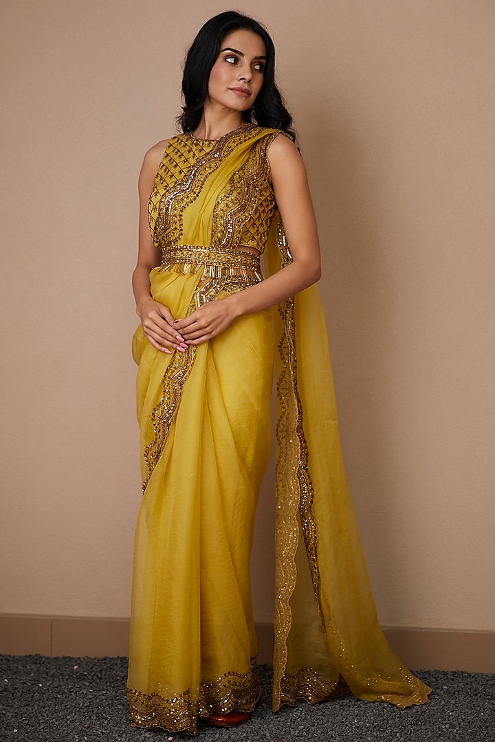 Yellow Silk Organza Saree Set by Astha Narang