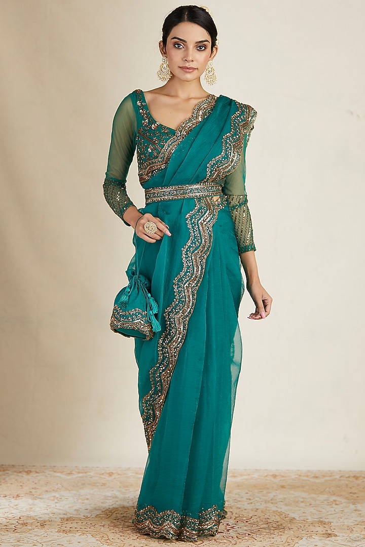 Teal Green Silk Organza Wedding Saree Set by Astha Narang at Pernia's Pop Up Shop