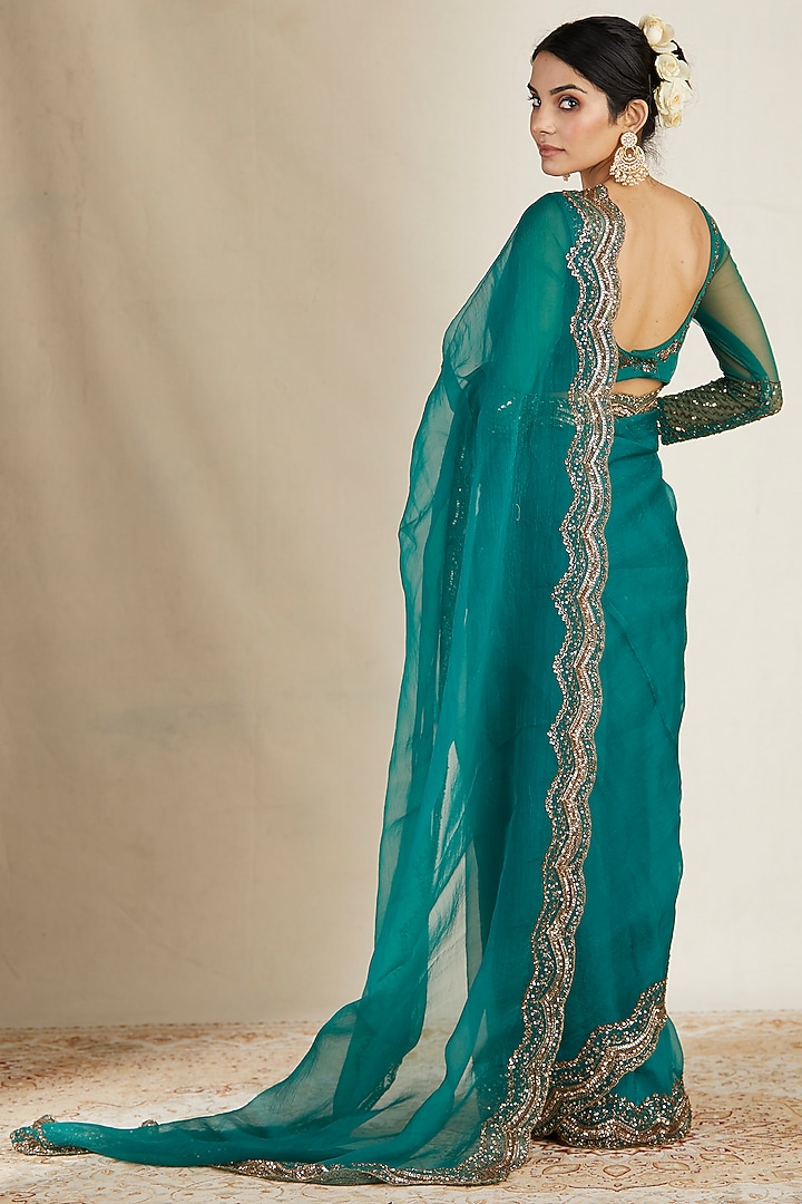 Teal Green Silk Organza Wedding Saree Set by Astha Narang at Pernia's Pop Up Shop