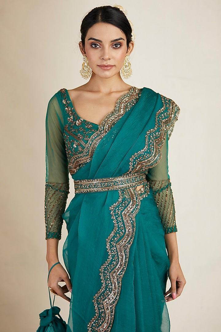 Teal Green Silk Organza Wedding Saree Set by Astha Narang at Pernia's Pop Up Shop