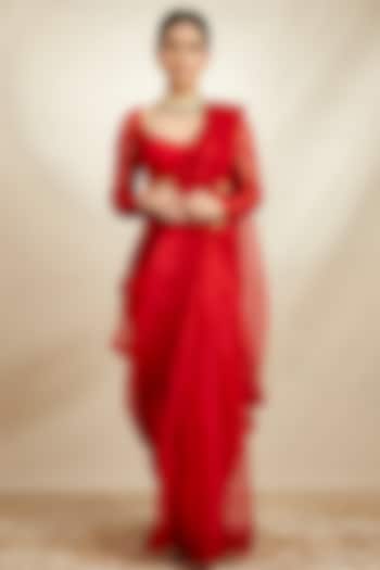 Blood Red Saree Set in Silk Organza by Astha Narang
