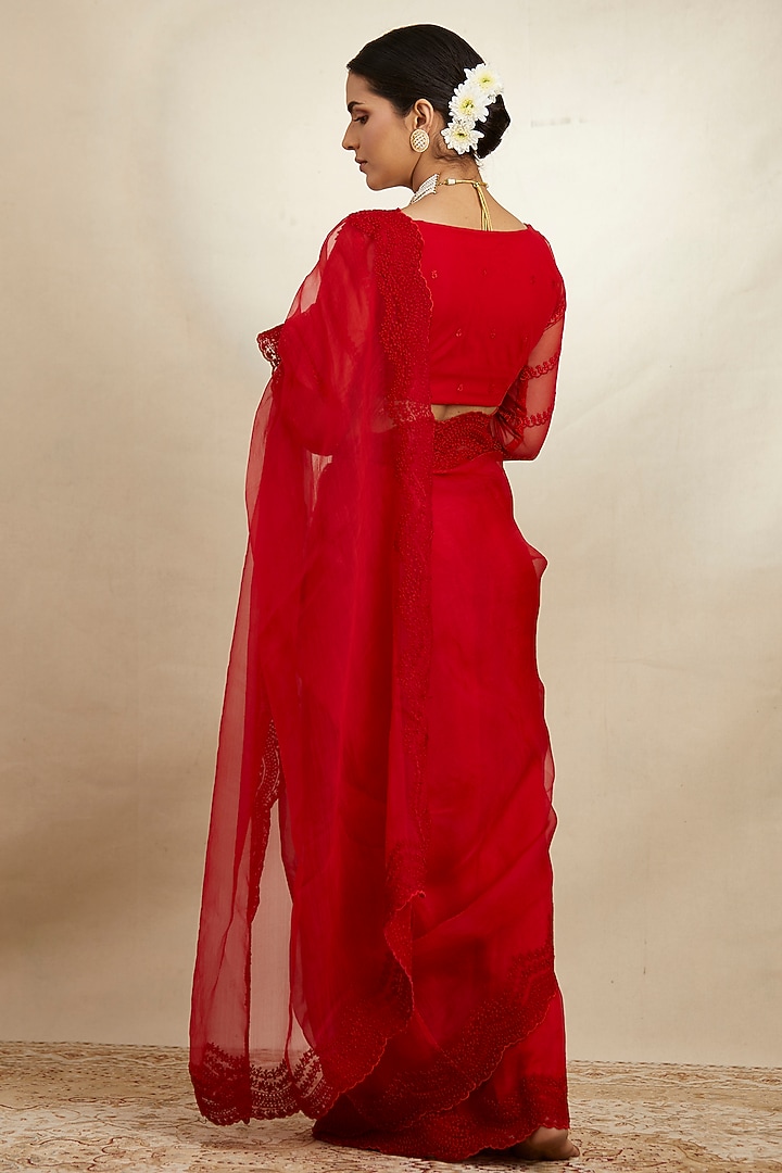 Blood Red Wedding Saree Set in Silk Organza by Astha Narang at Pernia's Pop Up Shop