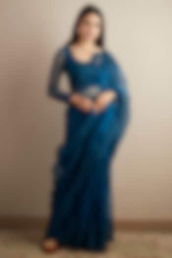 Teal Blue Silk Organza Thread Embroidered Saree Set by Astha Narang