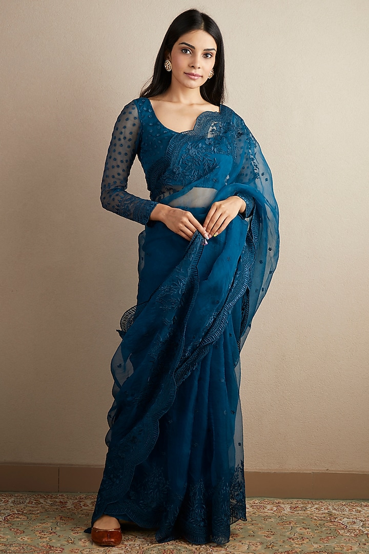 Navy Blue Two Tone Georgette Saree And Mexico Pattern Silk & Net