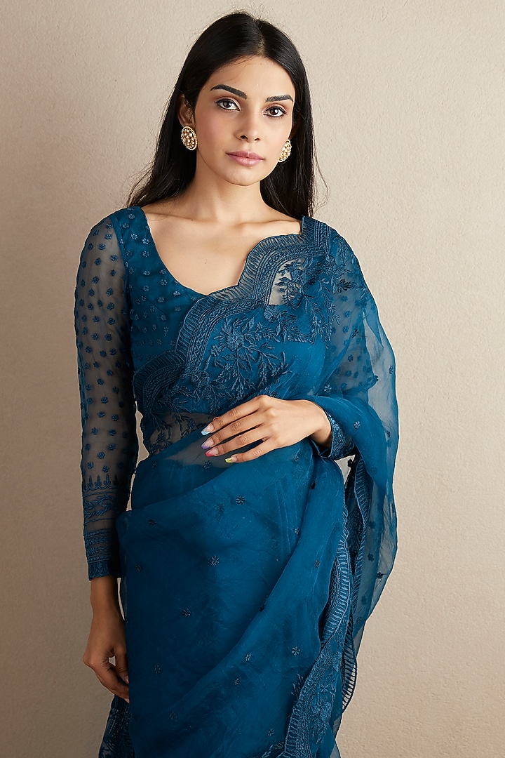 Teal Blue Silk Organza Thread Embroidered Wedding Saree Set by Astha Narang at Pernia's Pop Up Shop