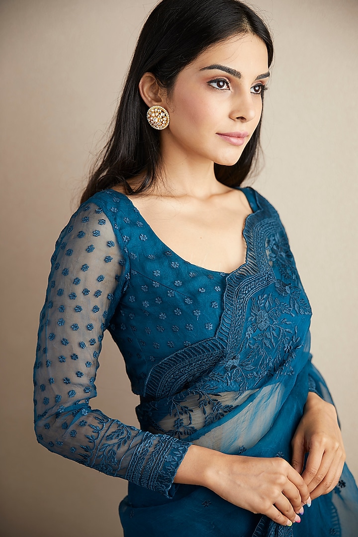 Teal Blue Silk Organza Thread Embroidered Wedding Saree Set by Astha Narang at Pernia's Pop Up Shop