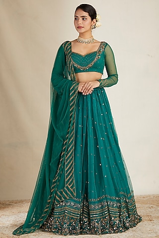 Teal Green Net & Crepe Sequins Embroidered Lehenga Set by Astha Narang
