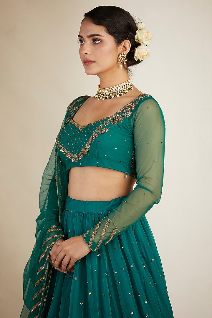 Teal Green Net & Crepe Sequins Embroidered Wedding Lehenga Set by Astha Narang at Pernia's Pop Up Shop