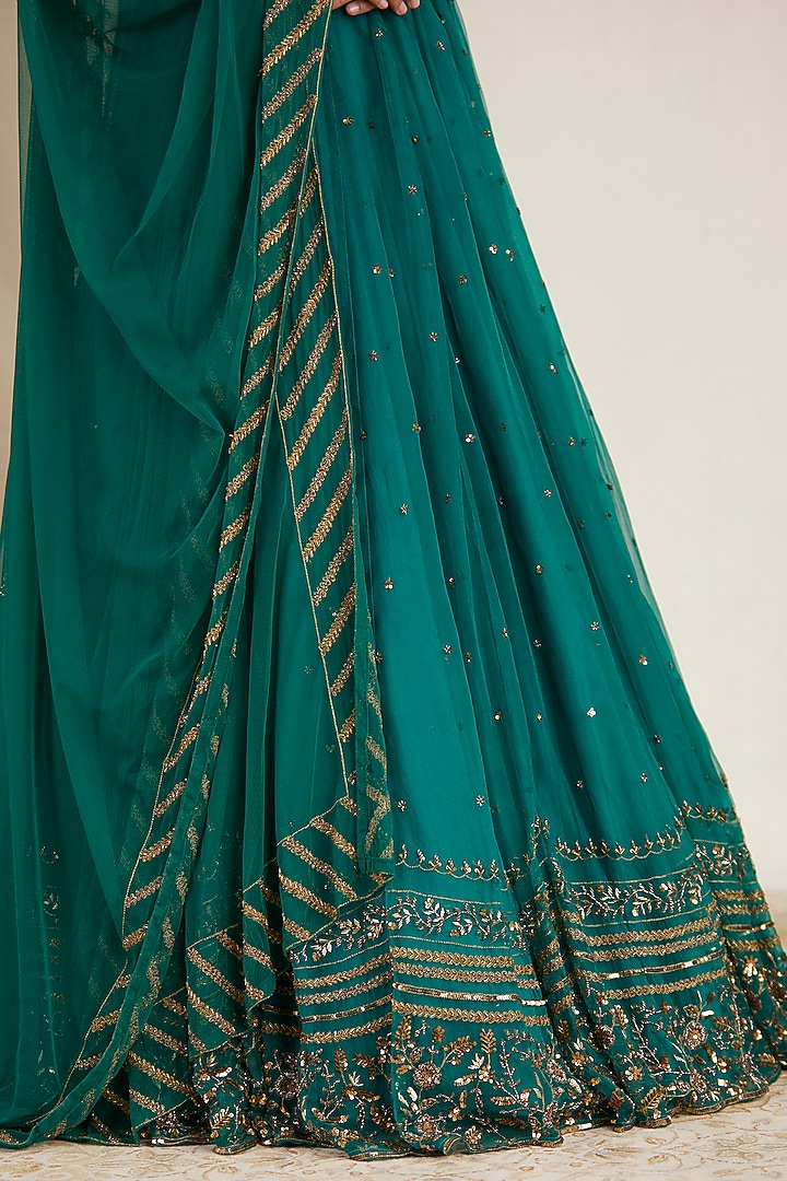 Teal Green Net & Crepe Sequins Embroidered Wedding Lehenga Set by Astha Narang at Pernia's Pop Up Shop
