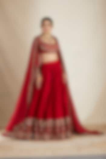 Red Chanderi Silk & Crepe Embroidered Lehenga Set by Astha Narang