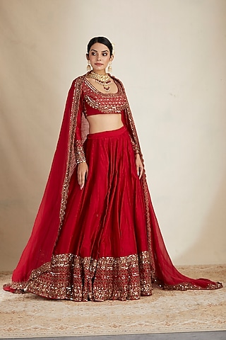 Red Chanderi Silk & Crepe Embroidered Lehenga Set by Astha Narang