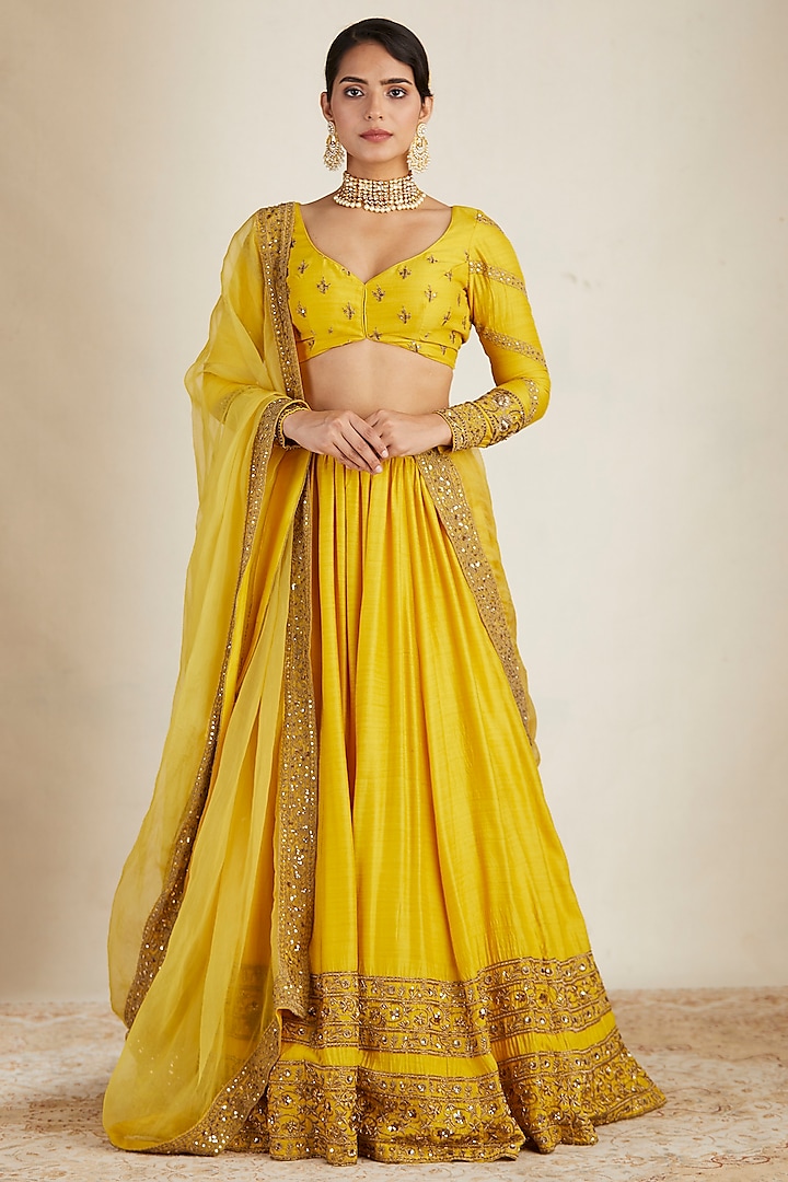 Mustard Chanderi Silk & Crepe Bead Embroidered Lehenga Set by Astha Narang