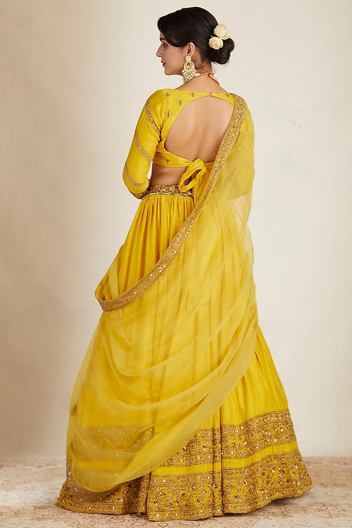 Mustard Chanderi Silk & Crepe Bead Embroidered Wedding Lehenga Set by Astha Narang at Pernia's Pop Up Shop