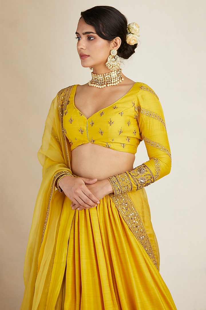 Mustard Chanderi Silk & Crepe Bead Embroidered Wedding Lehenga Set by Astha Narang at Pernia's Pop Up Shop