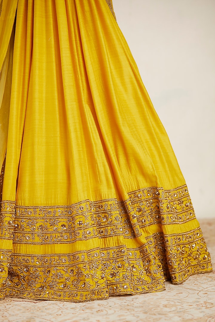 Mustard Chanderi Silk & Crepe Bead Embroidered Wedding Lehenga Set by Astha Narang at Pernia's Pop Up Shop