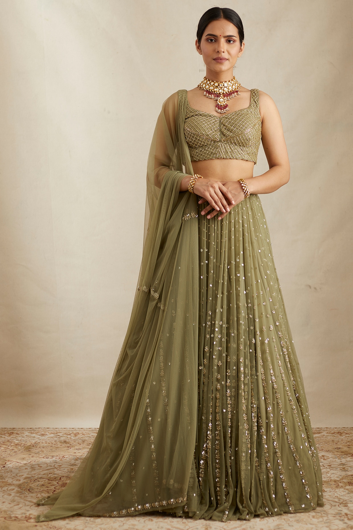 Olive Green Net & Crepe Line Embroidered Lehenga Set Design by Astha Narang  at Pernia's Pop Up Shop 2024