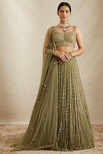 Olive Green Net & Crepe Line Embroidered Wedding Lehenga Set by Astha Narang at Pernia's Pop Up Shop