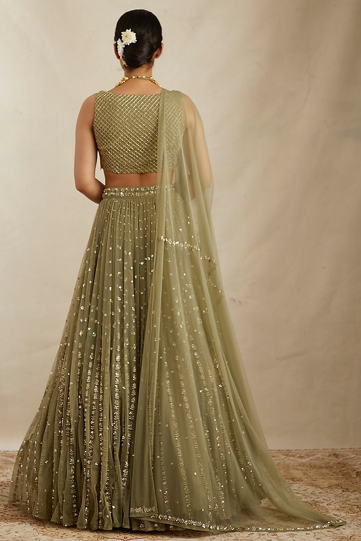 Olive Green Net & Crepe Line Embroidered Wedding Lehenga Set by Astha Narang at Pernia's Pop Up Shop