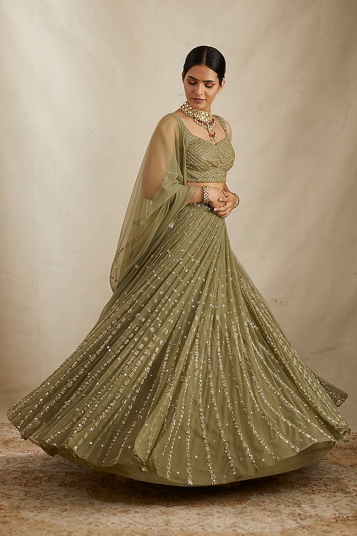 Olive Green Net & Crepe Line Embroidered Wedding Lehenga Set by Astha Narang at Pernia's Pop Up Shop