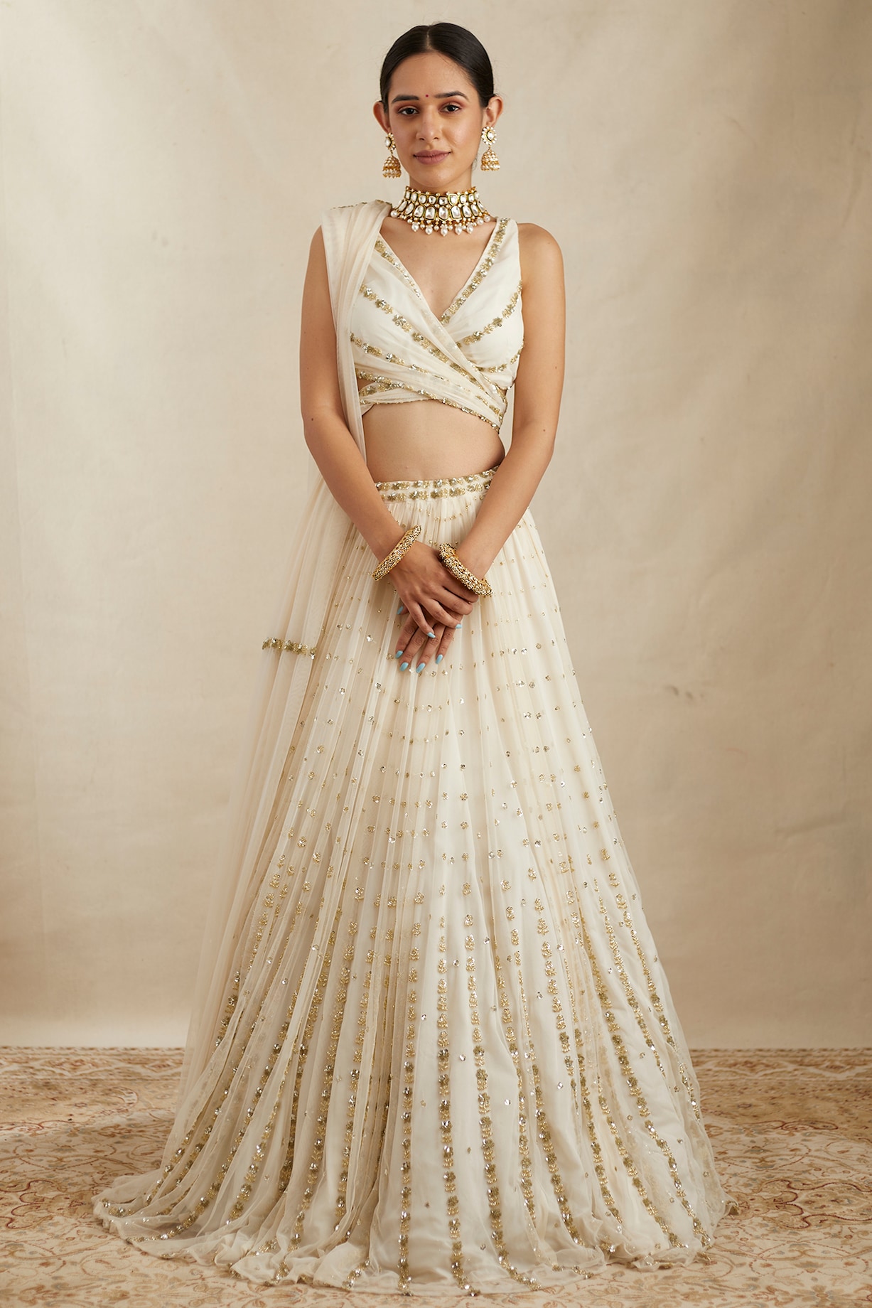 Off-White Net Crepe Line Embroidered Wedding Lehenga Set by