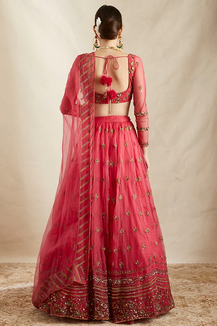 Carmine Pink Silk Organza & Crepe Embroidered Wedding Lehenga Set by Astha Narang at Pernia's Pop Up Shop