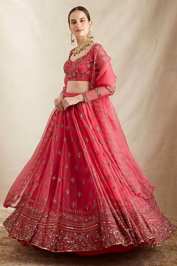 Carmine Pink Silk Organza & Crepe Embroidered Wedding Lehenga Set by Astha Narang at Pernia's Pop Up Shop