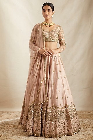 Peach Pink Raw Silk Embroidered Lehenga Set by Astha Narang