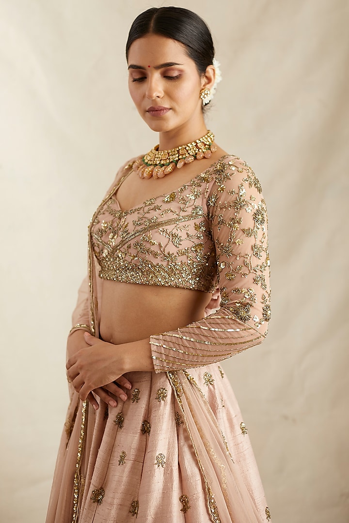 Peach Pink Raw Silk Embroidered Bridal Lehenga Set by Astha Narang at Pernia's Pop Up Shop