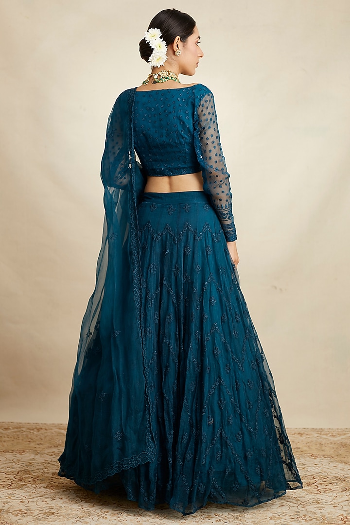 Teal Blue Organza Silk Thread Embroidered Wedding Lehenga Set by Astha Narang at Pernia's Pop Up Shop