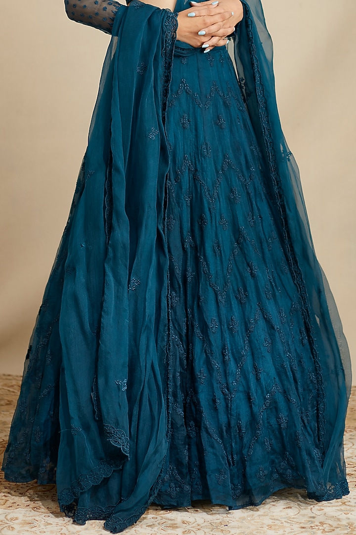 Teal Blue Organza Silk Thread Embroidered Wedding Lehenga Set by Astha Narang at Pernia's Pop Up Shop