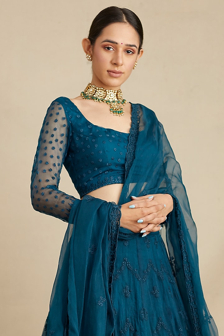 Teal Blue Organza Silk Thread Embroidered Wedding Lehenga Set by Astha Narang at Pernia's Pop Up Shop