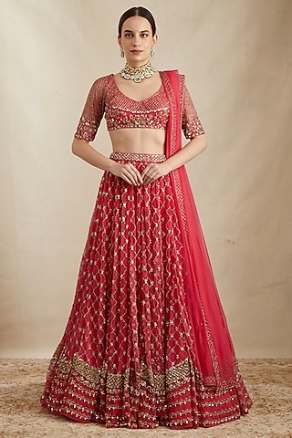 Fuchsia Pink Net & Crepe Jaal Embroidered Lehenga Set by Astha Narang