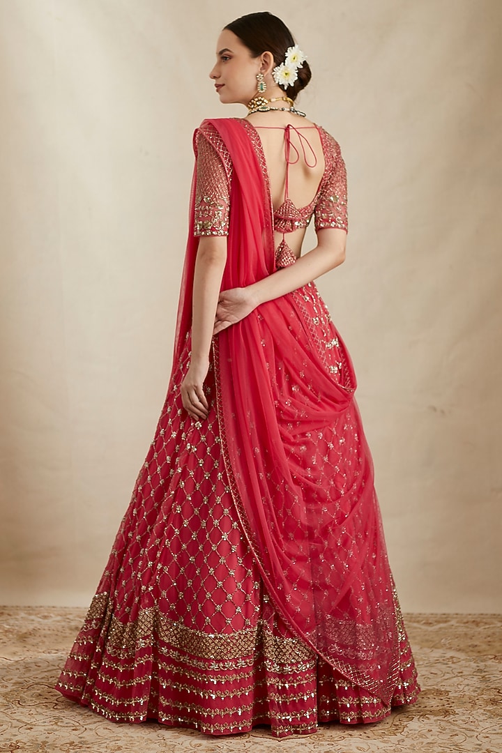 Fuchsia Pink Net & Crepe Jaal Embroidered Bridal Lehenga Set by Astha Narang at Pernia's Pop Up Shop
