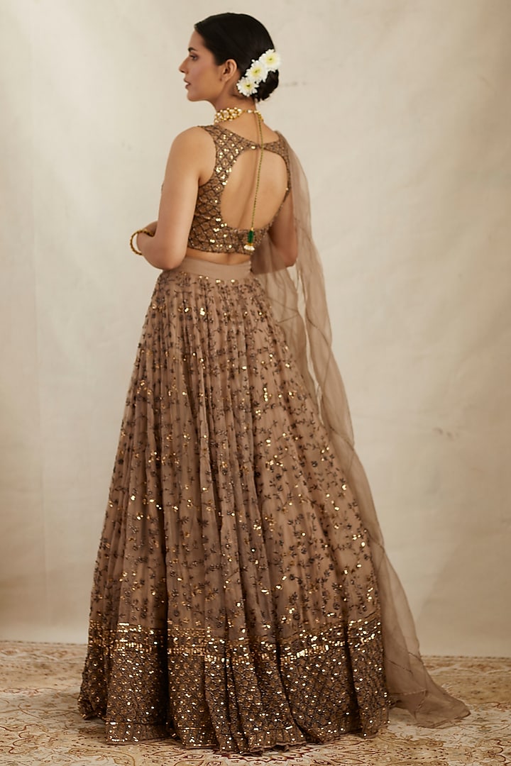 Brown Organza Silk & Crepe Jaal Embroidered Bridal Lehenga Set by Astha Narang at Pernia's Pop Up Shop