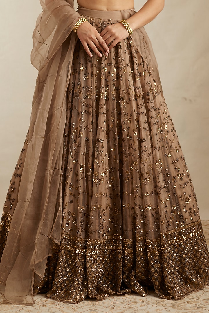 Brown Organza Silk & Crepe Jaal Embroidered Bridal Lehenga Set by Astha Narang at Pernia's Pop Up Shop