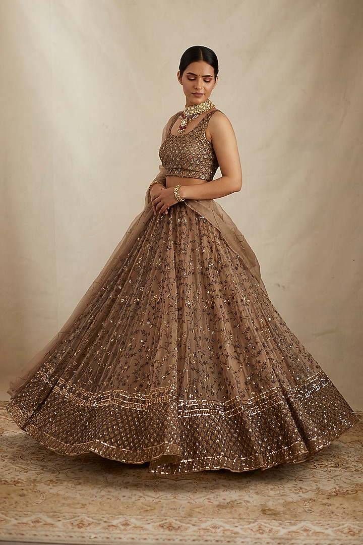 Brown Organza Silk & Crepe Jaal Embroidered Bridal Lehenga Set by Astha Narang at Pernia's Pop Up Shop