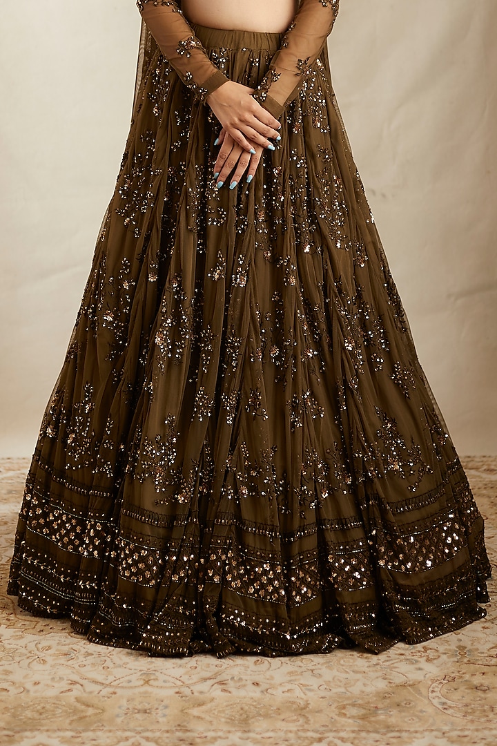 Brown Net & Crepe Thread Embroidered Bridal Lehenga Set by Astha Narang at Pernia's Pop Up Shop