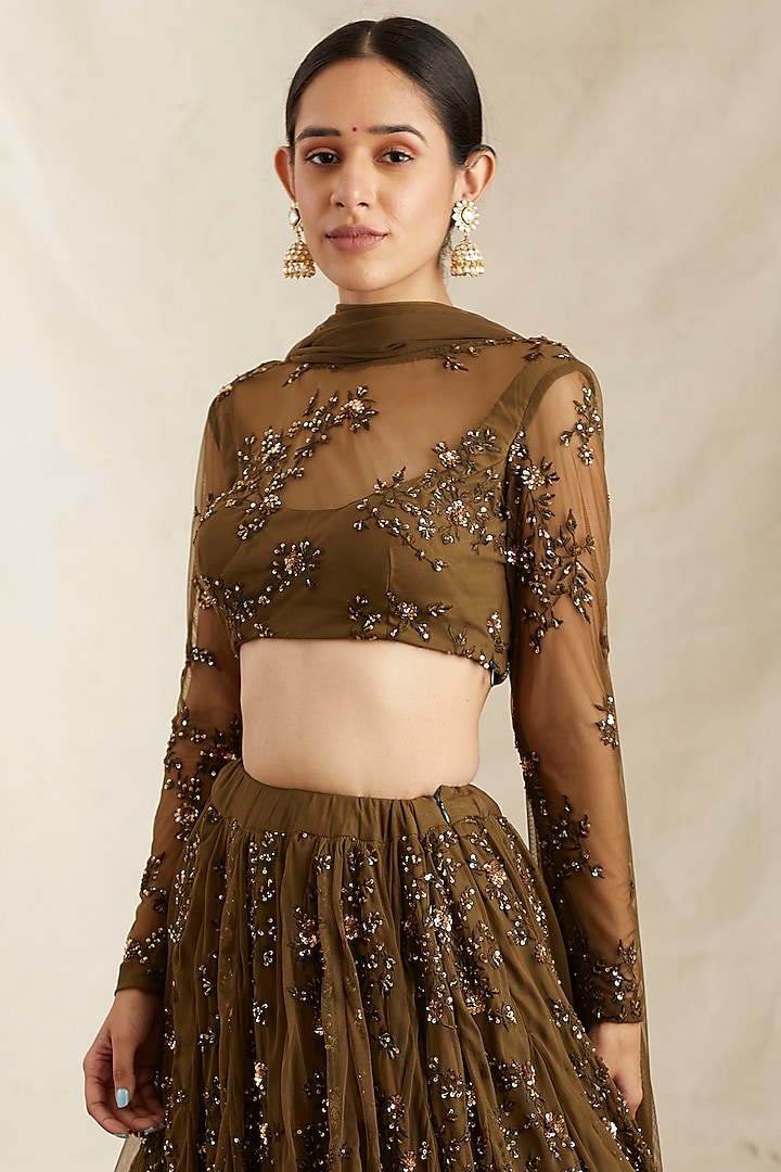 Brown Net & Crepe Thread Embroidered Bridal Lehenga Set by Astha Narang at Pernia's Pop Up Shop